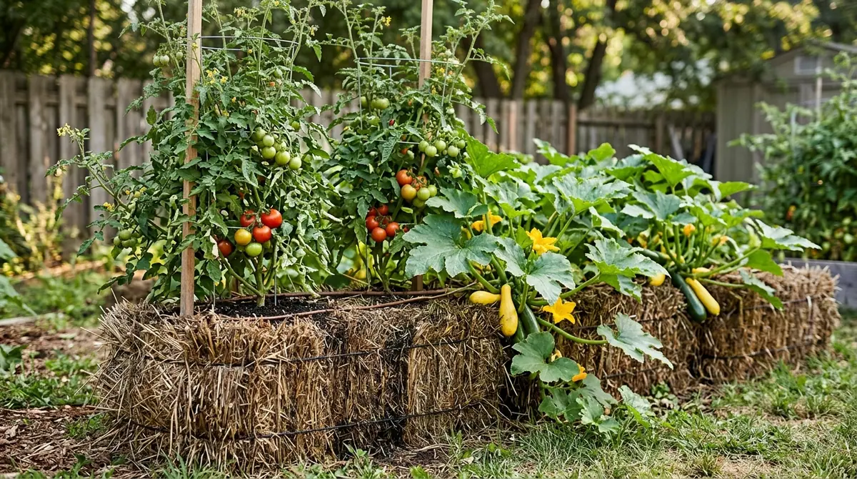 Tomato and yellow squash plants growing directly out of straw bales in a garden