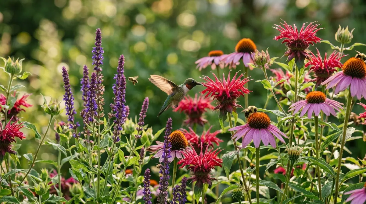 Hummingbird hovering near red bee balm while bees visit purple coneflowers in a garden