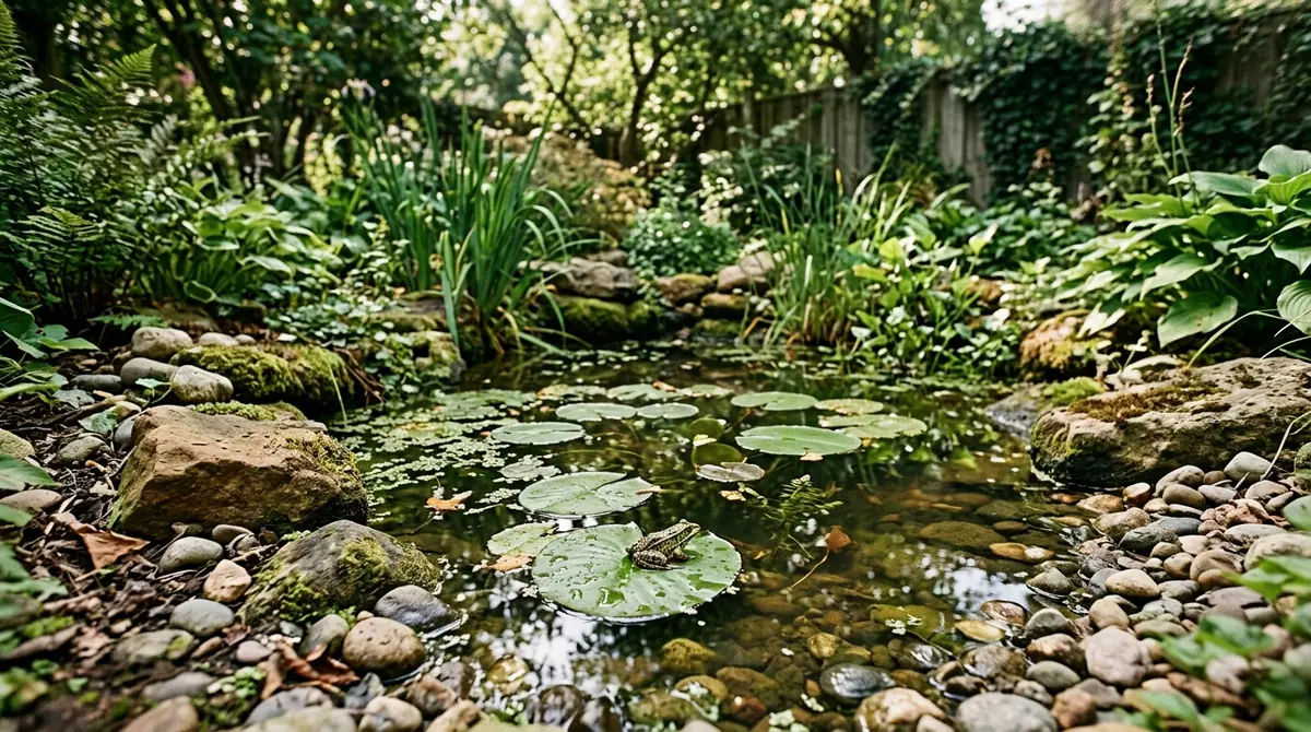 Small frog sitting on a lily pad in a backyard garden pond surrounded by rocks and lush greenery