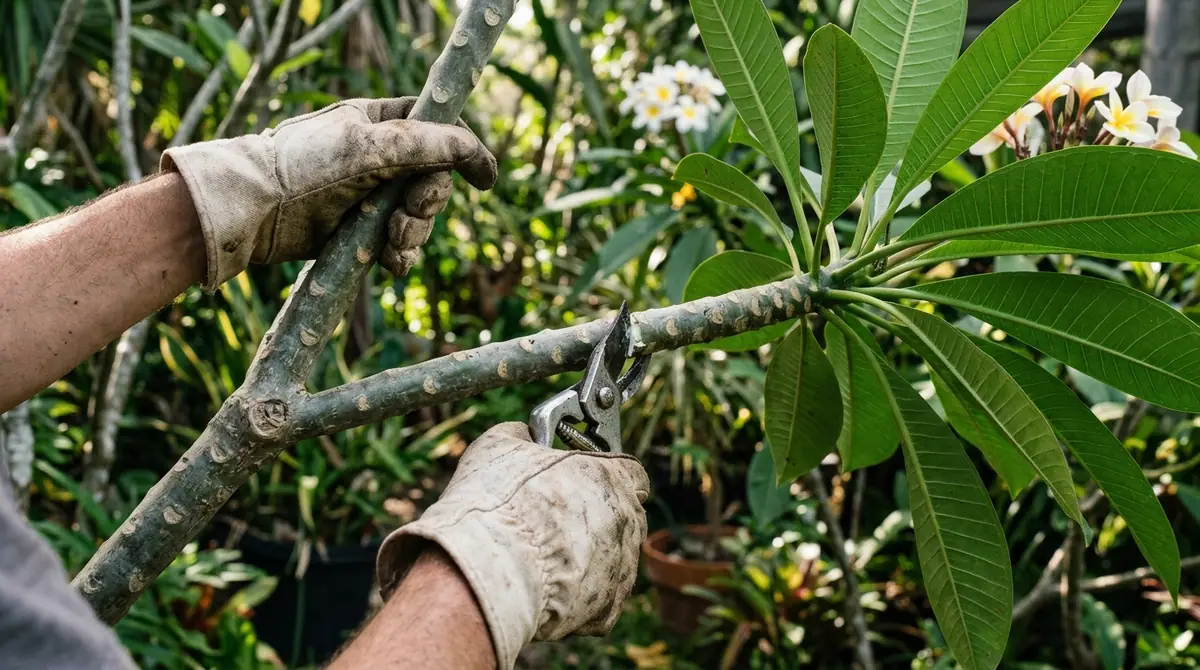 Gloved hands cutting a leafy plumeria stem with pruning shears