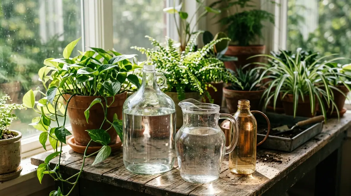 Glass jugs and pitcher filled with water on a wooden table beside potted pothos and spider plants