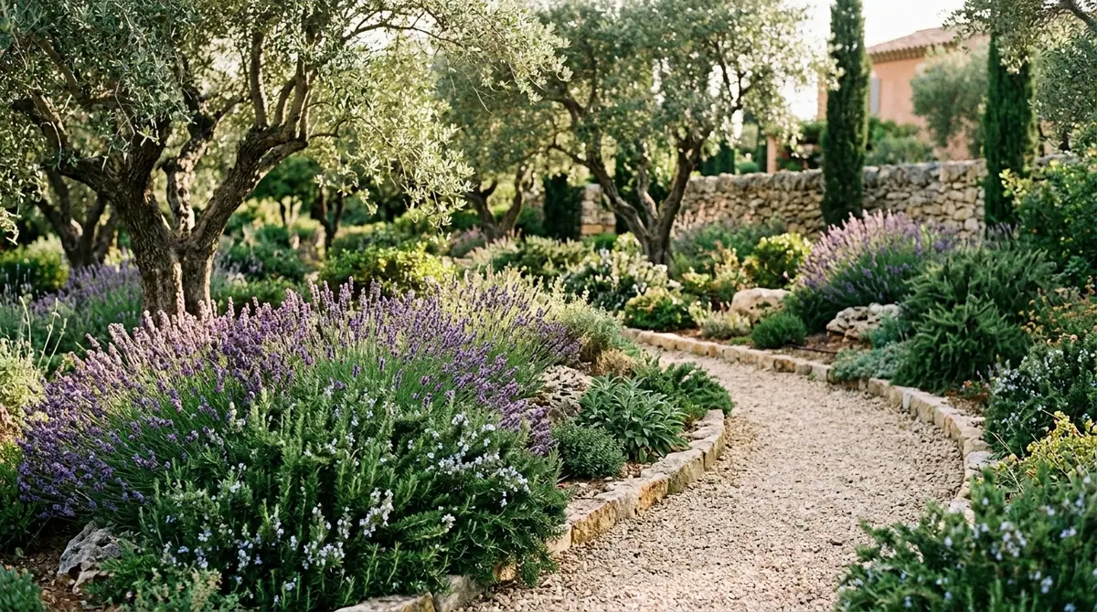 Gravel path winding past blooming purple lavender bushes, olive trees, and cypress in a Mediterranean garden