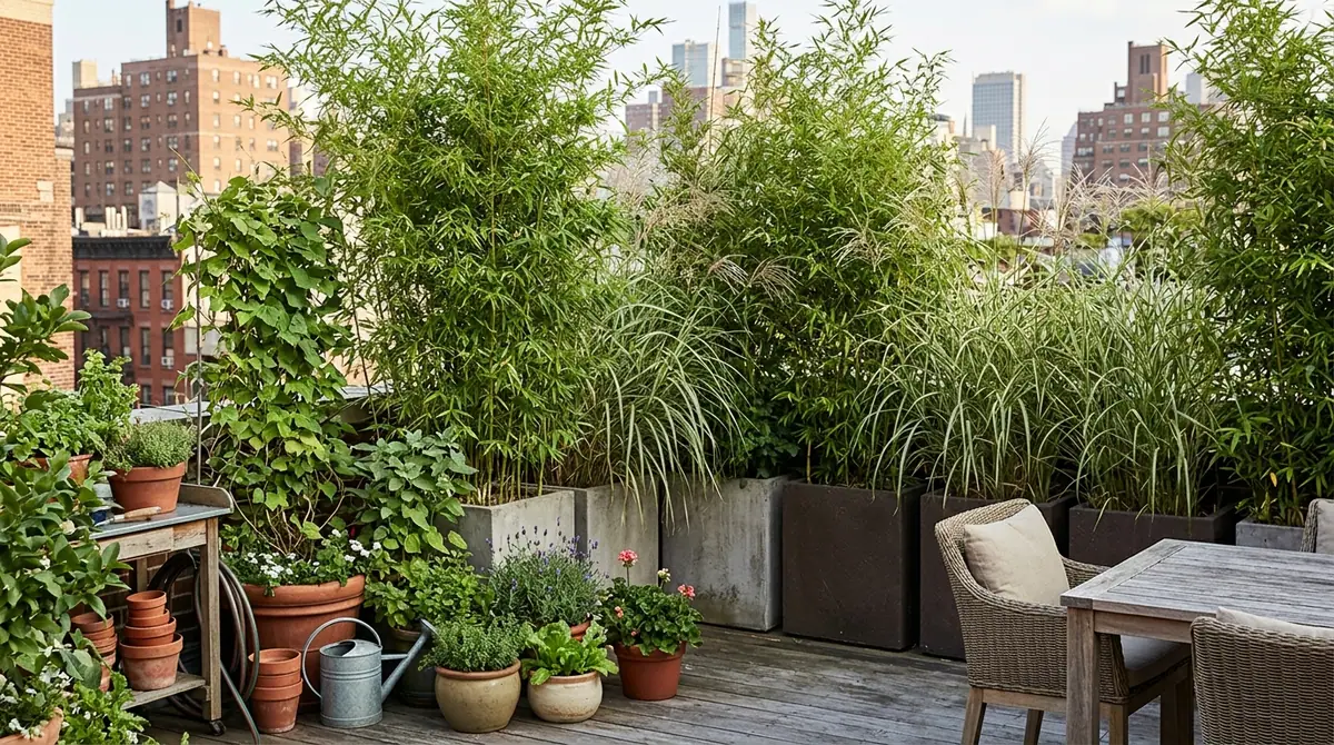 Tall bamboo and ornamental grasses in planters forming a privacy screen on a rooftop terrace