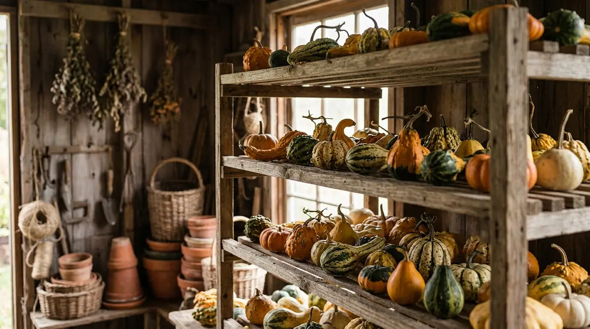 Various colorful gourds drying on wooden shelves inside a rustic shed