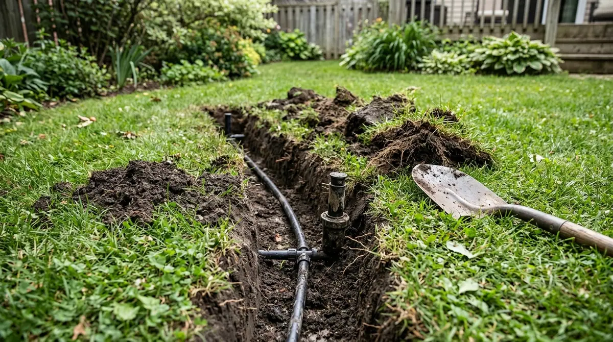 Exposed black sprinkler line and sprinkler head in a trench dug through a green grass lawn next to a shovel