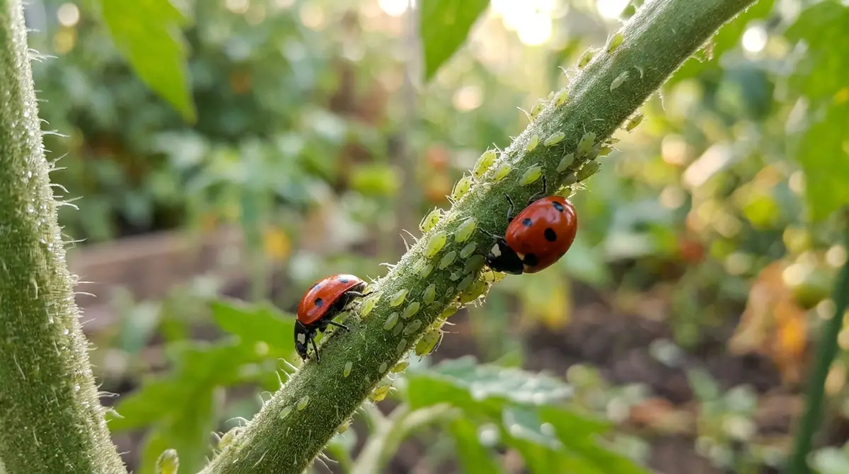 Two red ladybugs crawling on a fuzzy tomato stem covered in green aphids