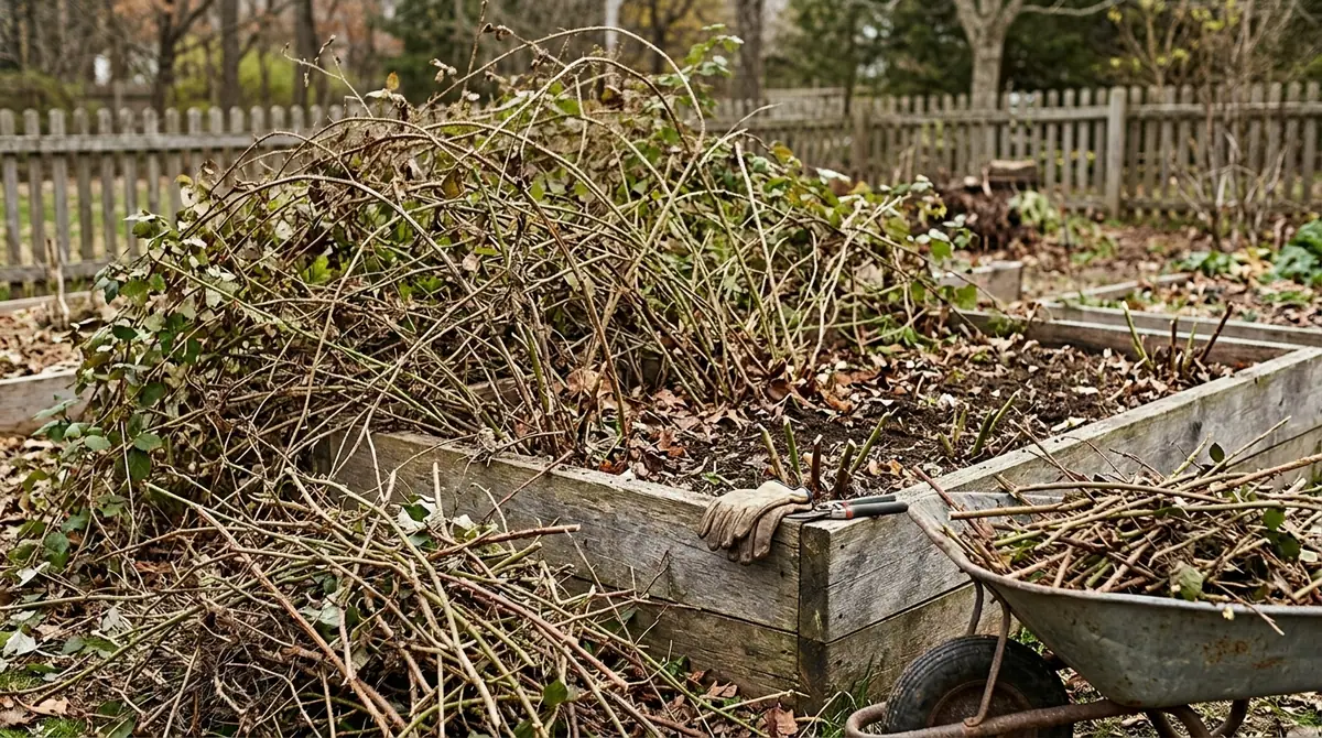 Overgrown raspberry canes cut back in a raised bed with gardening gloves, shears, and a wheelbarrow nearby