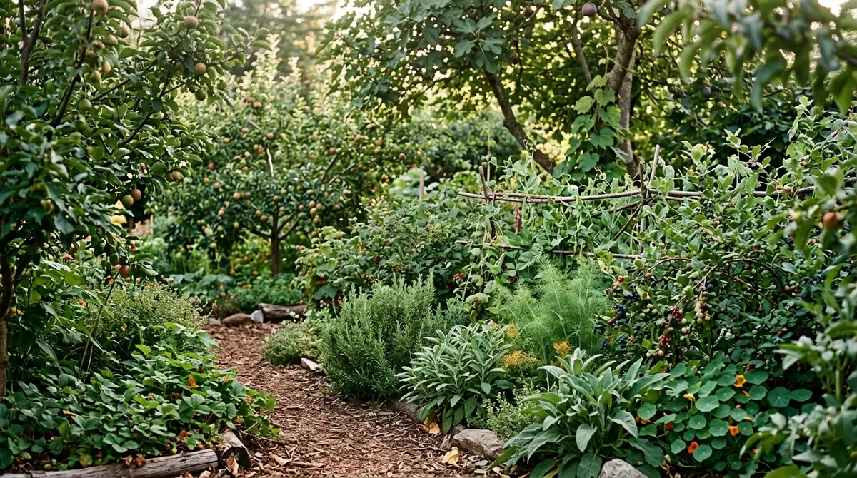 Woodchip pathway winding through a lush food forest garden filled with fruit trees and herbs