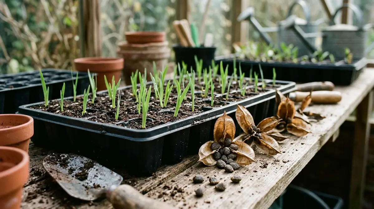 Iris seeds spilling from open pods next to green iris sprouts in a tray on a wooden potting bench