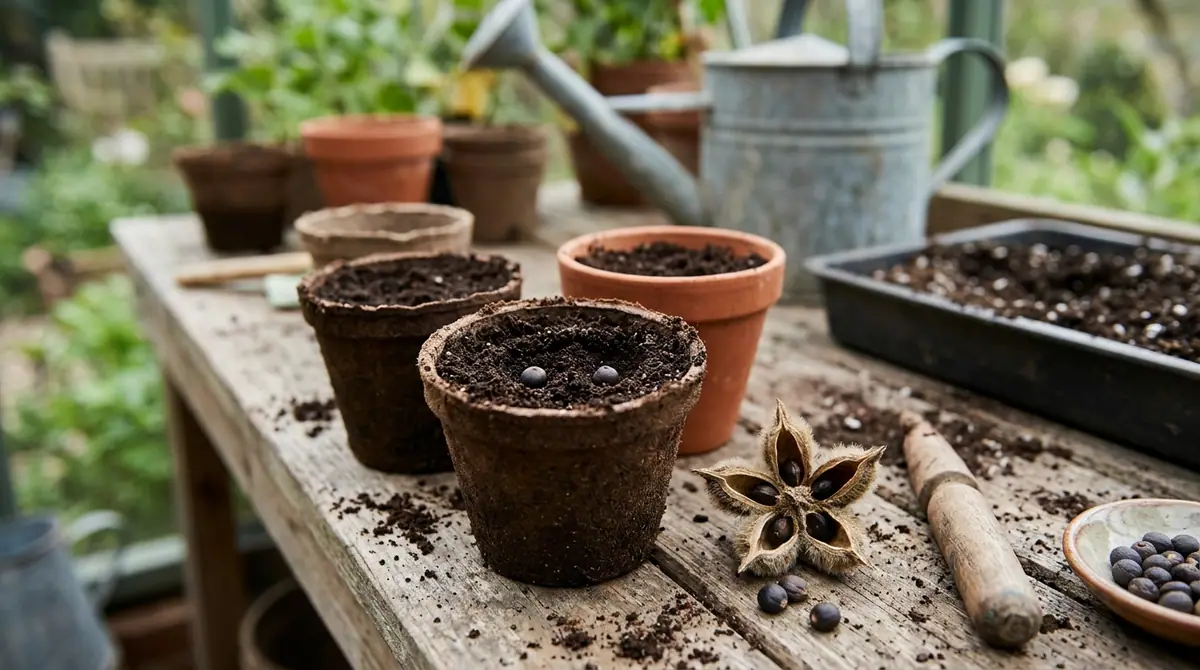 Two dark peony seeds on soil in a small pot beside an open seed pod on a wooden potting bench