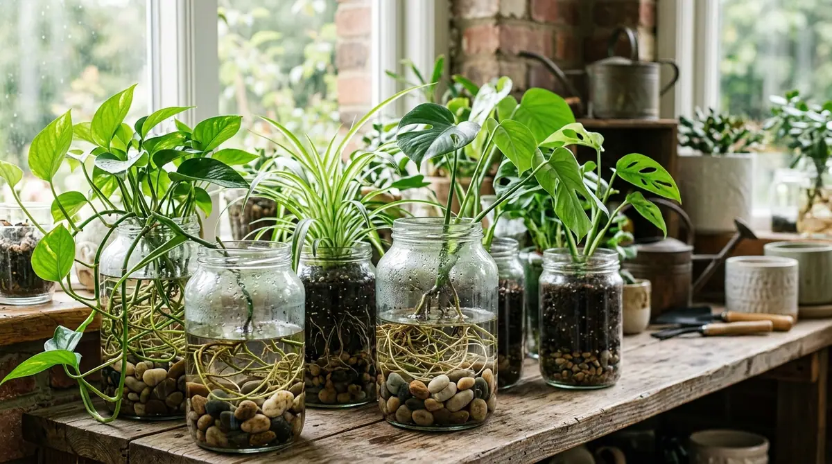 Houseplants like pothos and monstera growing in clear glass jars with visible roots, soil, and pebbles on a table