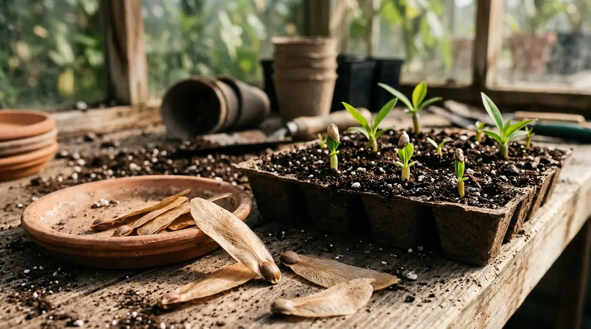 Plumeria seeds and young seedlings sprouting in a seed starter tray on a wooden potting bench