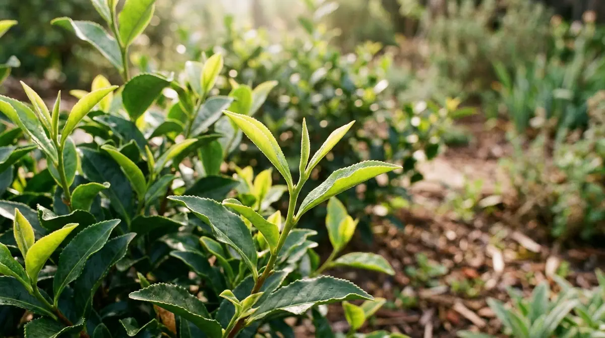 Fresh green tea plant leaves and tender shoots growing in a sunny garden