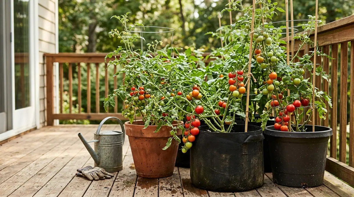 Potted tomato plants full of ripening red fruit on a wooden deck beside a metal watering can