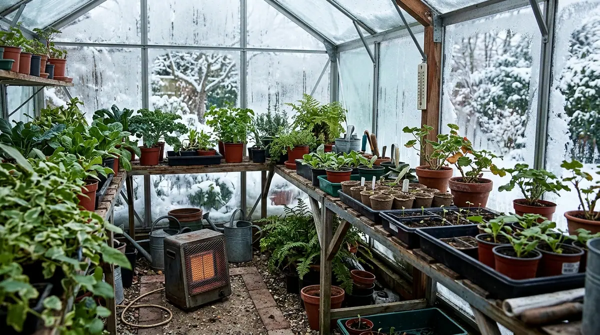 Small space heater glowing inside a frosted glass greenhouse filled with potted plants and ferns in winter