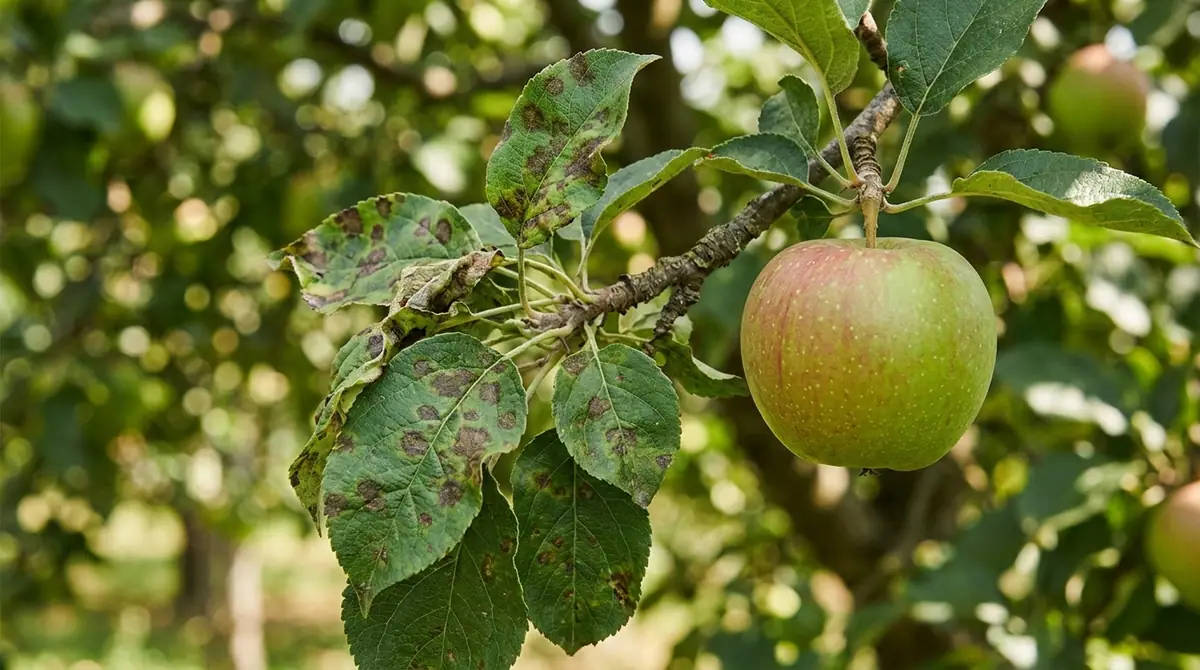 Green apple hanging on a tree branch next to leaves covered in dark brown spots