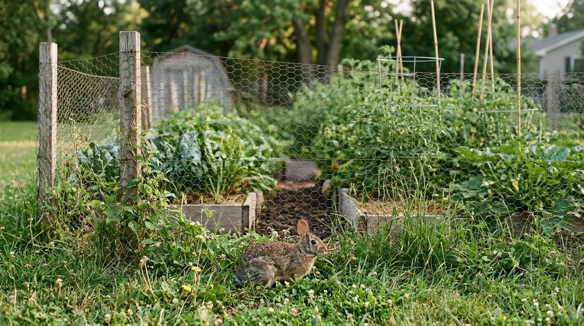 Small rabbit sitting in grass outside a chicken wire fence protecting raised vegetable garden beds