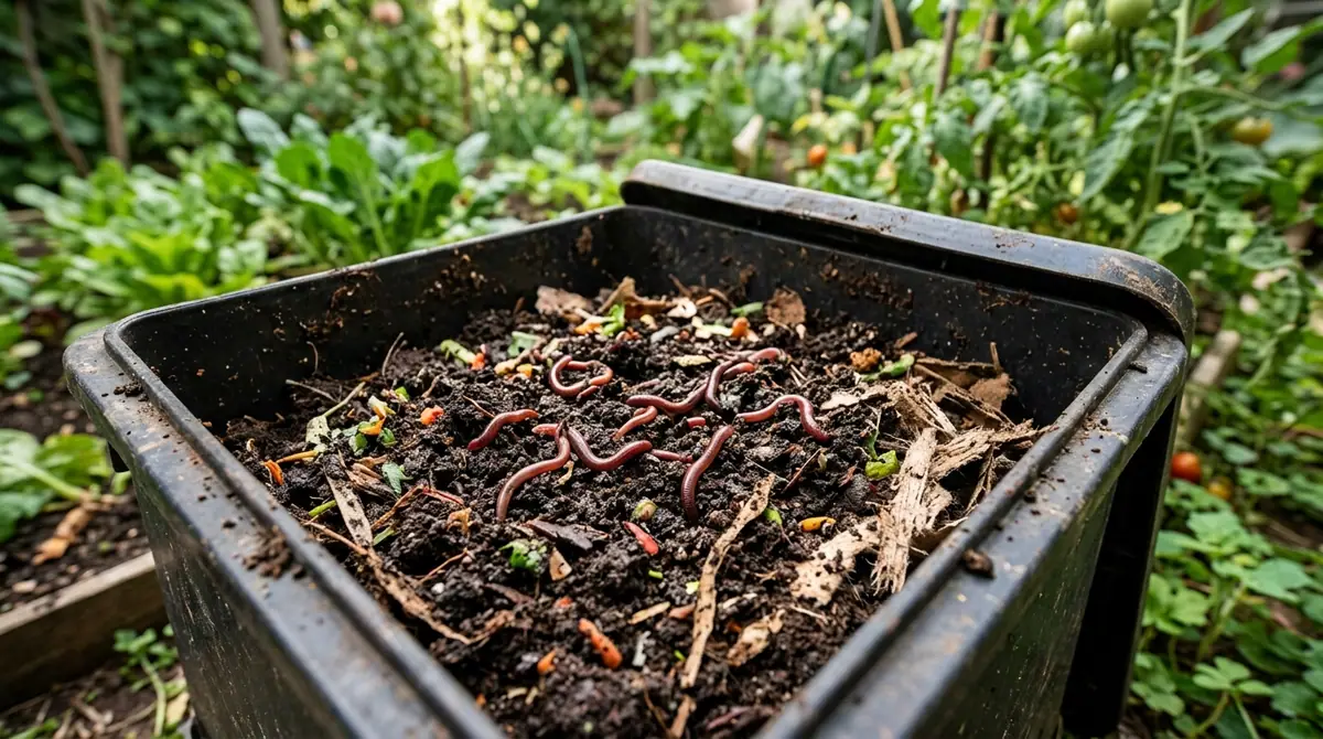 Red wriggler earthworms crawling on dark soil inside an open compost bin in a garden
