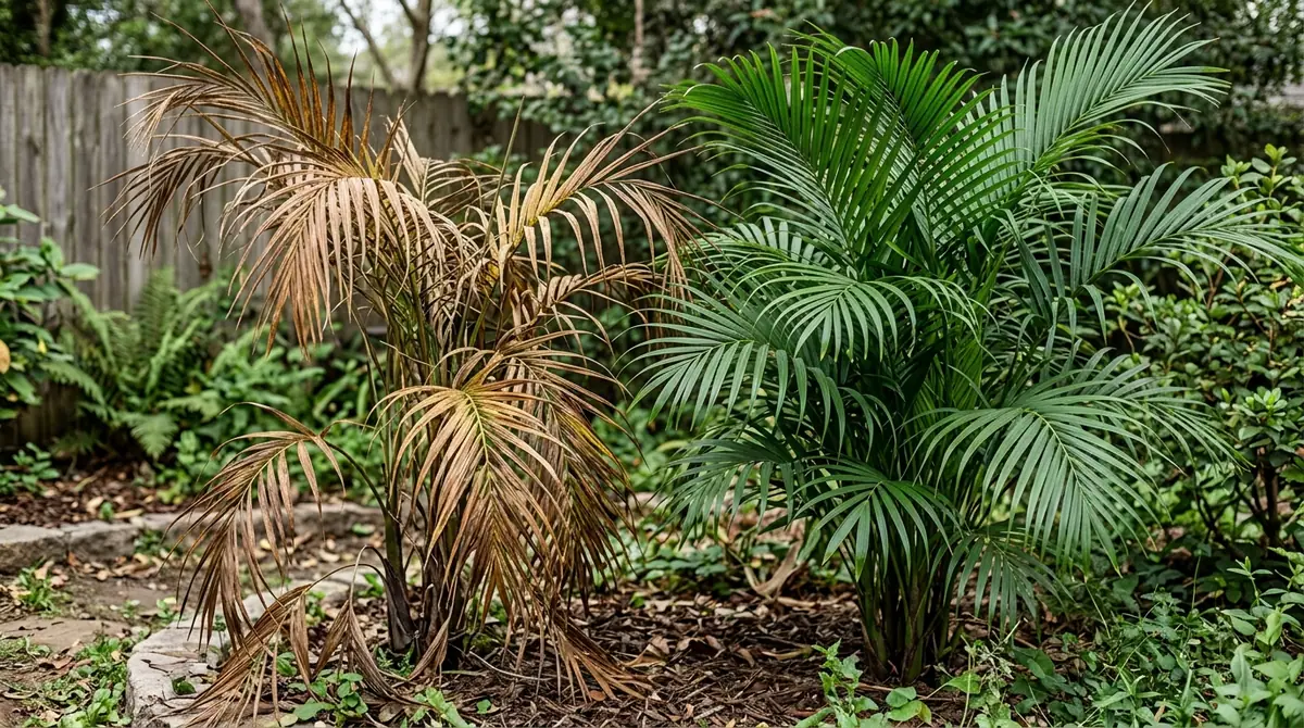 A dead brown palm tree next to a healthy green palm tree in a garden
