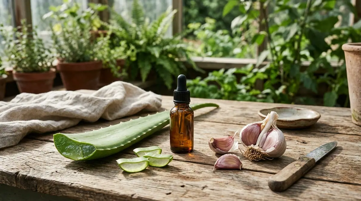 Sliced aloe vera leaf, garlic bulb, and amber dropper bottle on a wooden greenhouse table