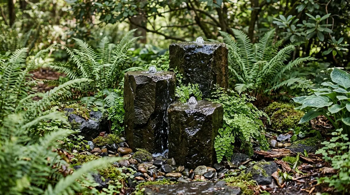 Three basalt pillar fountains bubbling water surrounded by green ferns and hostas in a garden