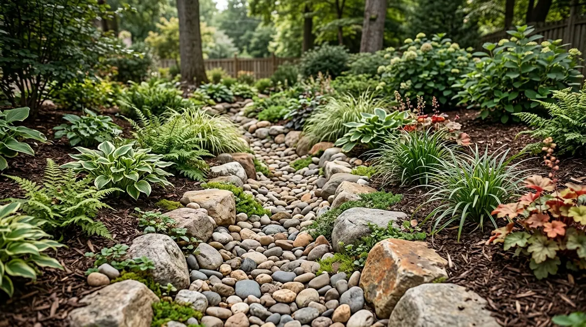 Dry river rock drainage ditch lined with hostas, ferns, and ornamental grasses in a garden