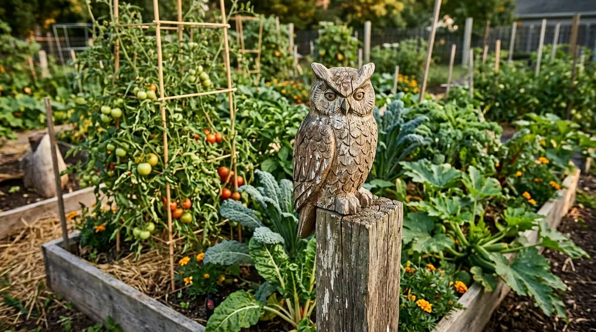 Carved wooden owl perched on a post in a raised garden bed next to tomato plants