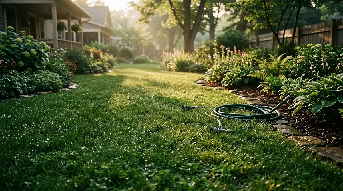 Coiled garden hose on a lush green lawn beside garden beds in a sunny backyard