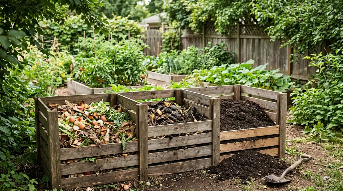 Three-bay wooden compost bin filled with food scraps and rich finished soil in a lush backyard vegetable garden