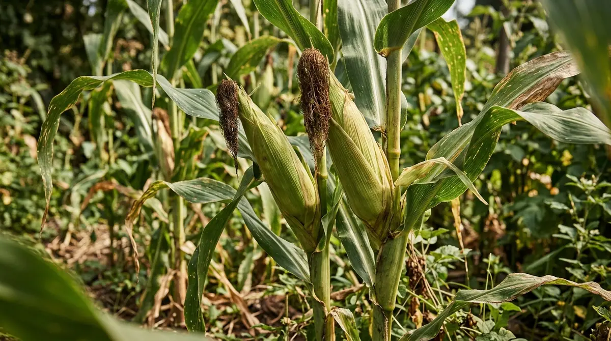 Two ears of corn with brown silks growing on green stalks in a garden