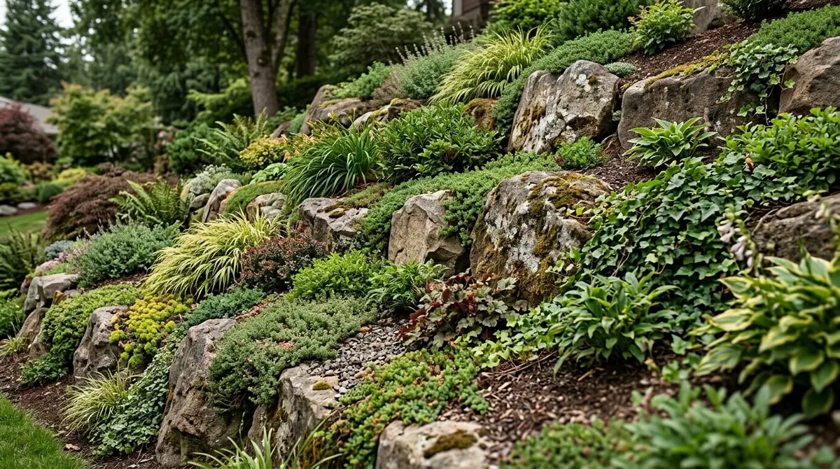 Large rocks and lush greenery stabilizing a sloped garden bed