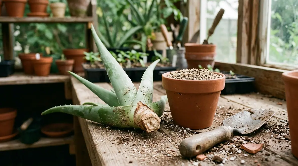 Rootless aloe vera cutting on a wooden potting bench next to a terracotta pot with soil and a trowel