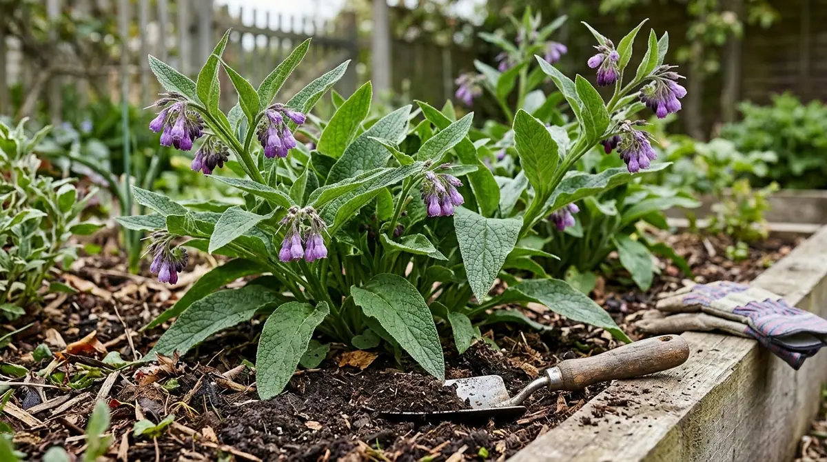 Comfrey plants with purple flowers growing in a raised garden bed with a trowel