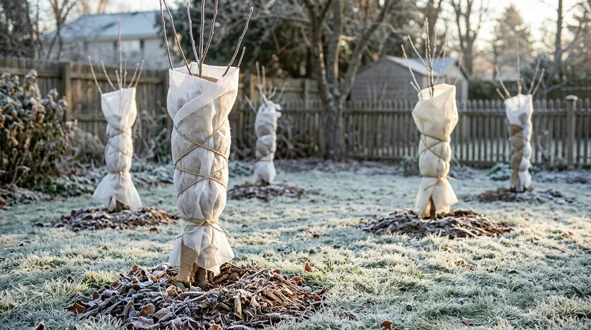 Young fruit orchard trees wrapped in protective frost cloth and twine on a frosty backyard lawn