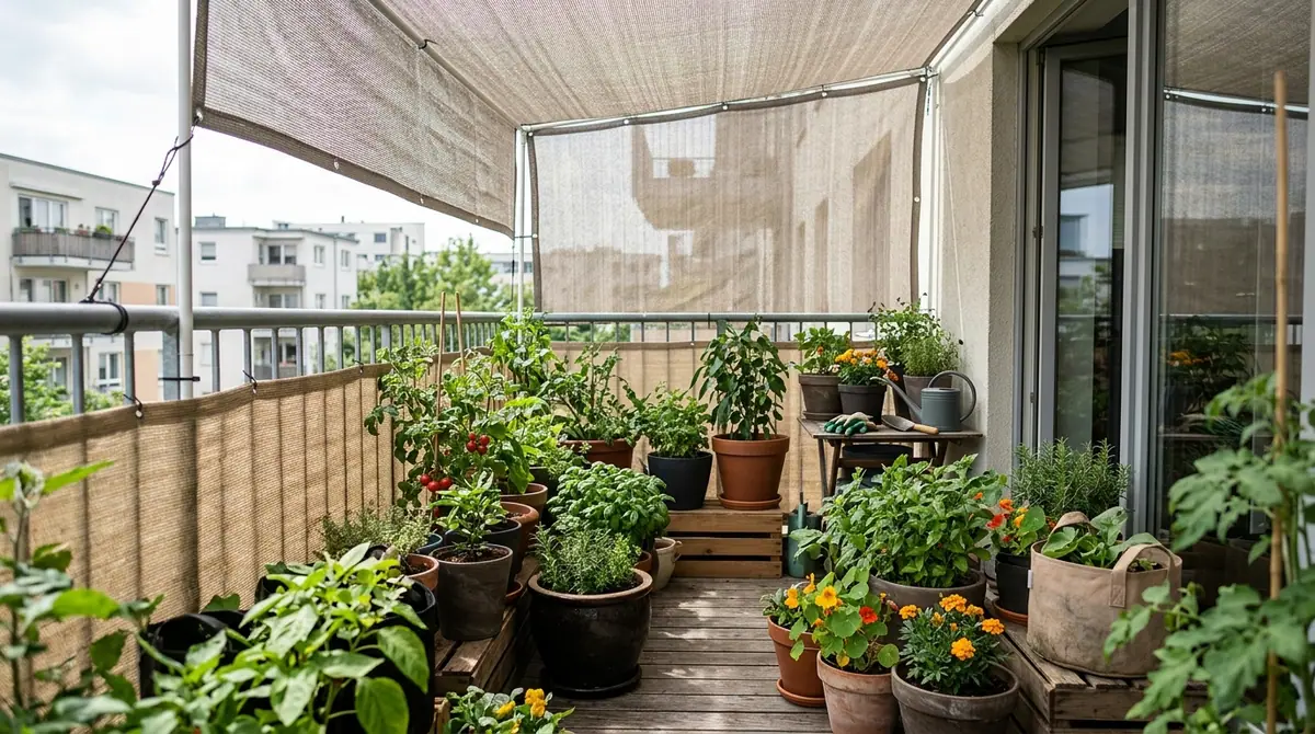 Potted balcony plants sheltered under a mesh sunshade