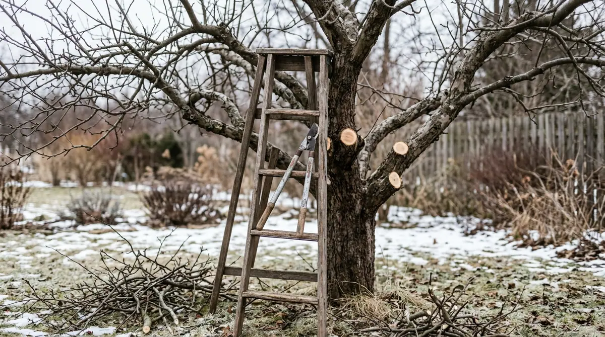 Wooden ladder and pruning shears resting against a dormant apple tree in a snowy yard