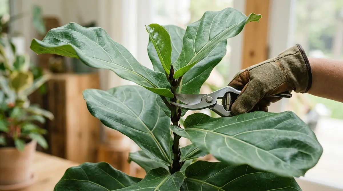 Gloved hand using pruning shears on a fiddle leaf fig plant stem indoors