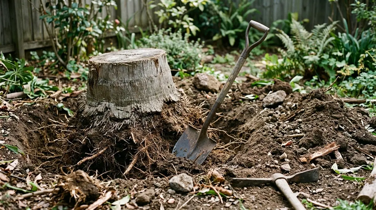 Shovel dug in the soil next to a palm tree stump in a garden
