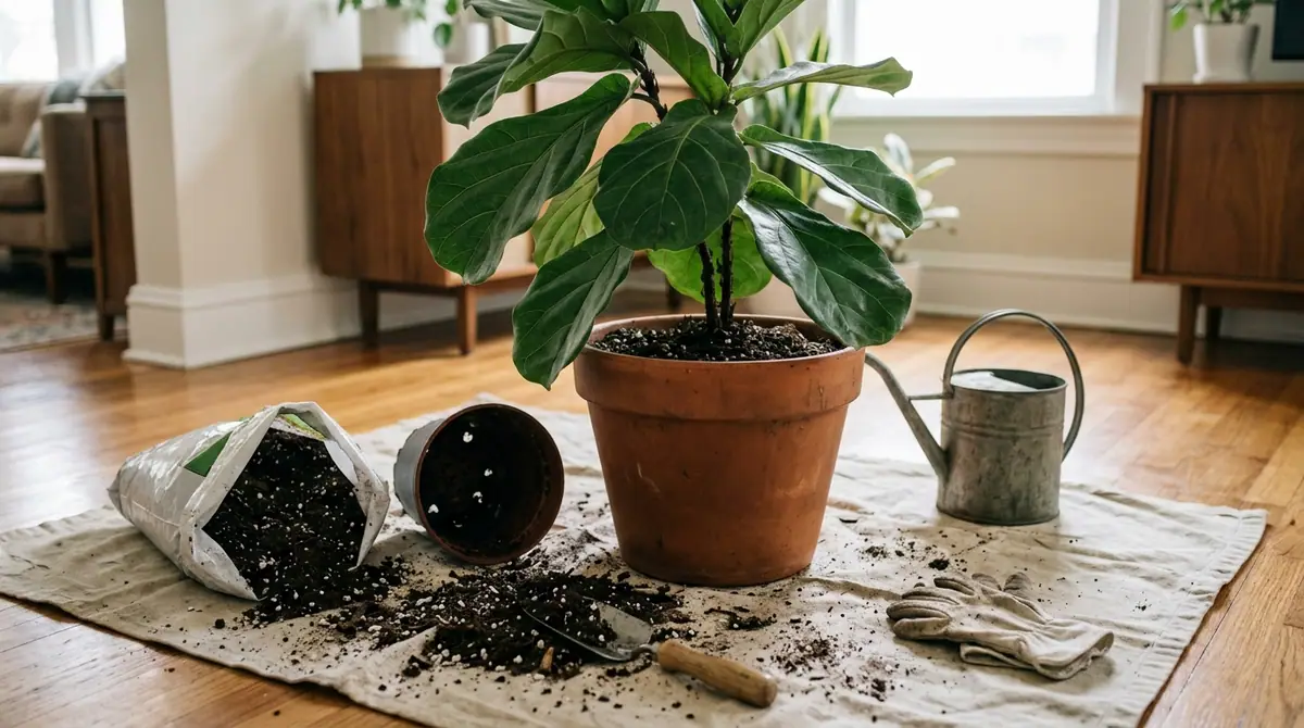 Fiddle leaf fig in a terracotta pot with potting soil, a trowel, and a watering can on a drop cloth