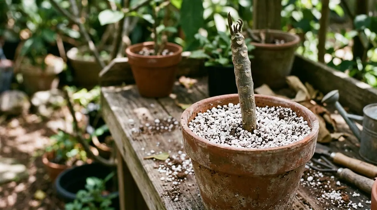 A plumeria cutting planted in a terracotta pot filled with perlite on a wooden workbench