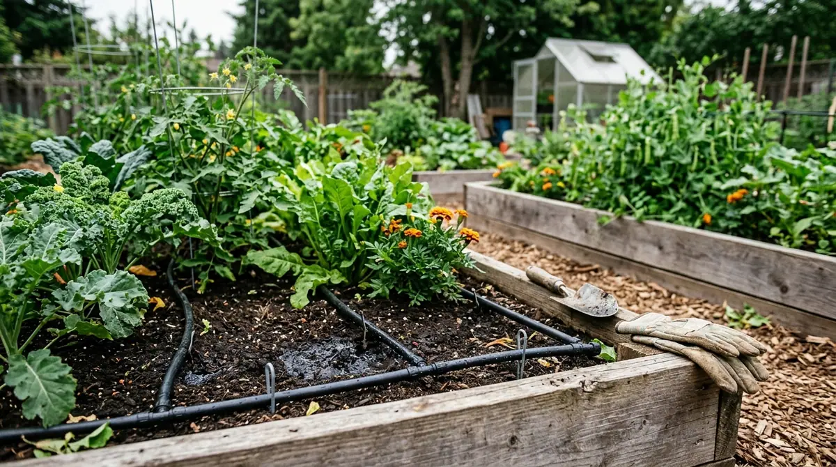 Drip irrigation tubing installed in a wooden raised bed with leafy green plants and wet soil