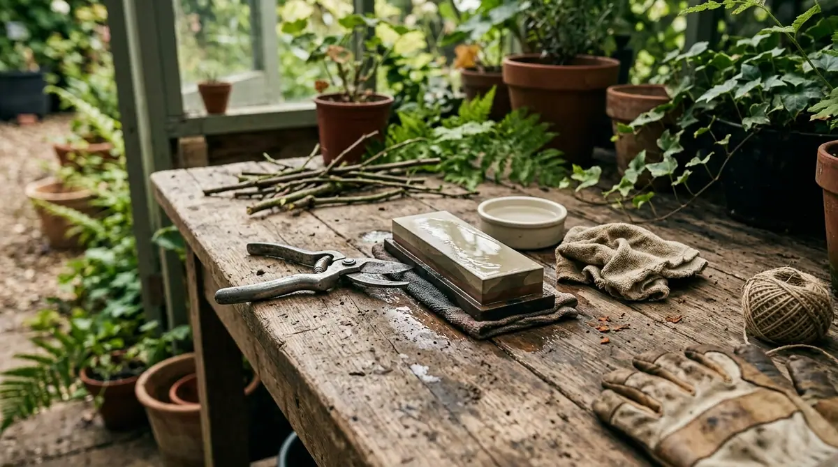 Whetstone and pruning shears on a wooden potting bench inside a greenhouse