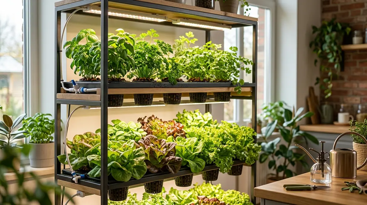 Indoor hydroponic system with shelves of leafy greens and herbs under grow lights