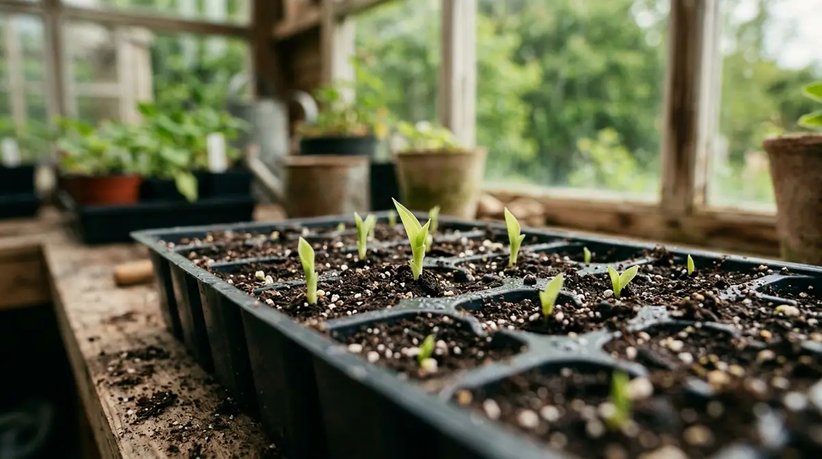 Tiny hosta seedlings sprouting in a black plastic seed tray on a wooden greenhouse bench