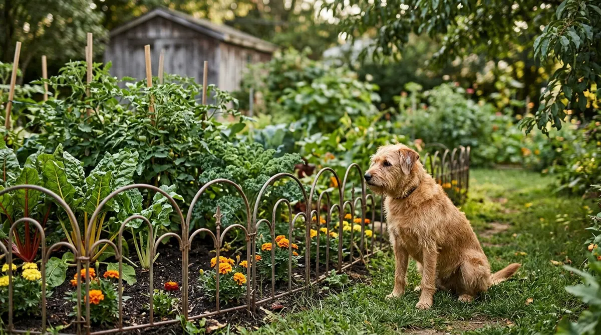 A shaggy brown dog sitting on the grass near a fenced garden bed with plants