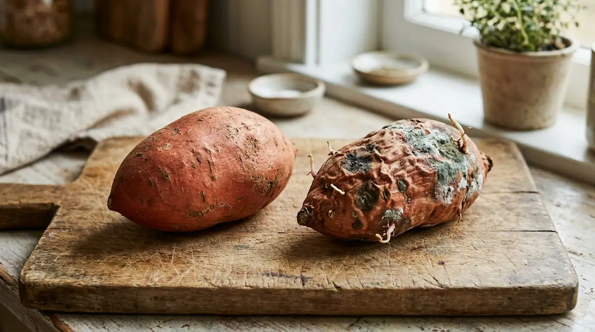 One fresh sweet potato and one spoiled one with mold and sprouts on a wooden cutting board