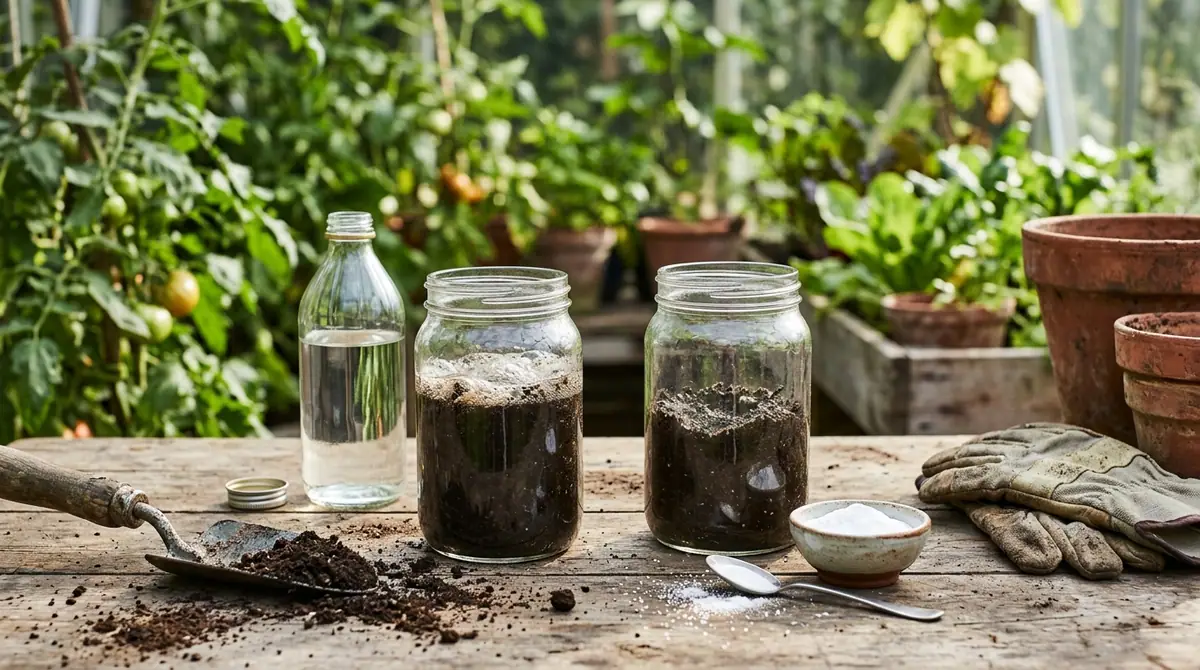 Glass jars with soil samples and vinegar on a potting bench with tomato plants