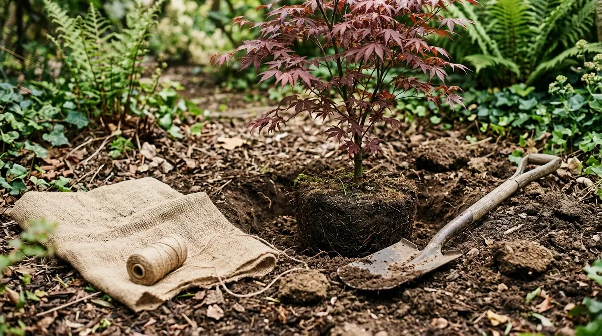 Young Japanese maple tree with its root ball exposed in a garden bed with a shovel, burlap, and twine