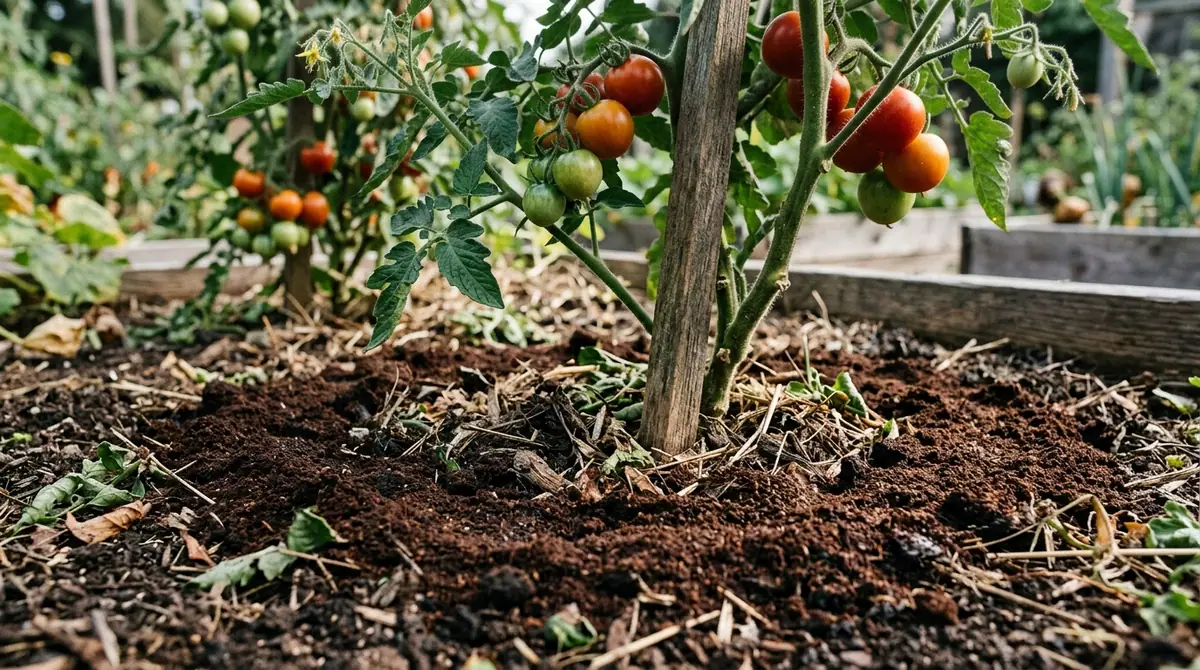 Tomato plant growing in rich soil with coffee grounds in a garden bed