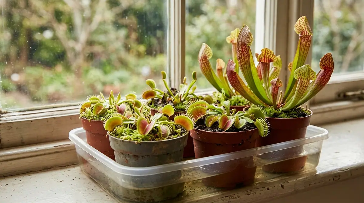 Potted carnivorous plants sitting in a tray of water on a windowsill
